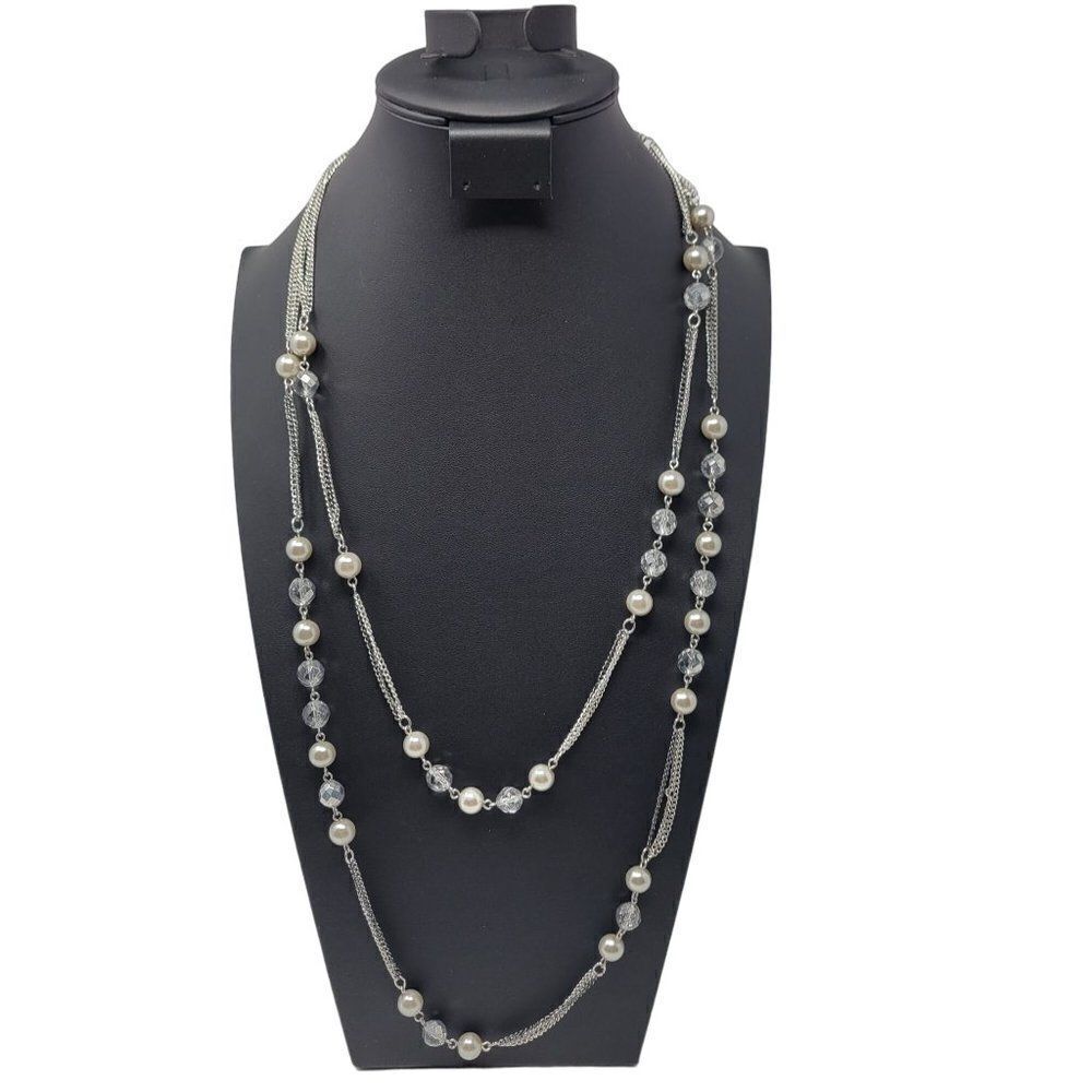Express Layered Princess Matinee Necklace Silver Faux Pearl Crystal Multi Chain‎